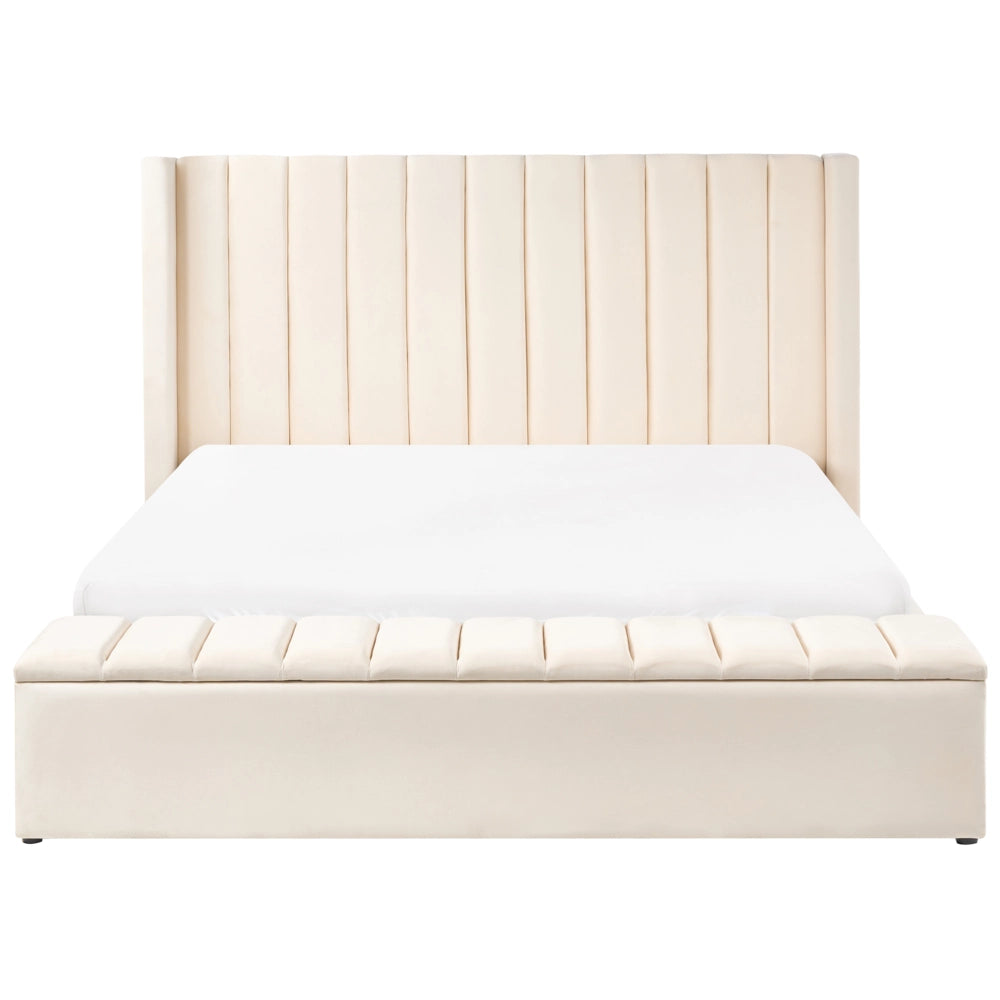 Letto matrimoniale velluto bianco sporco rete a doghe e cassapanca 180 x 200 cm stile moderno glam