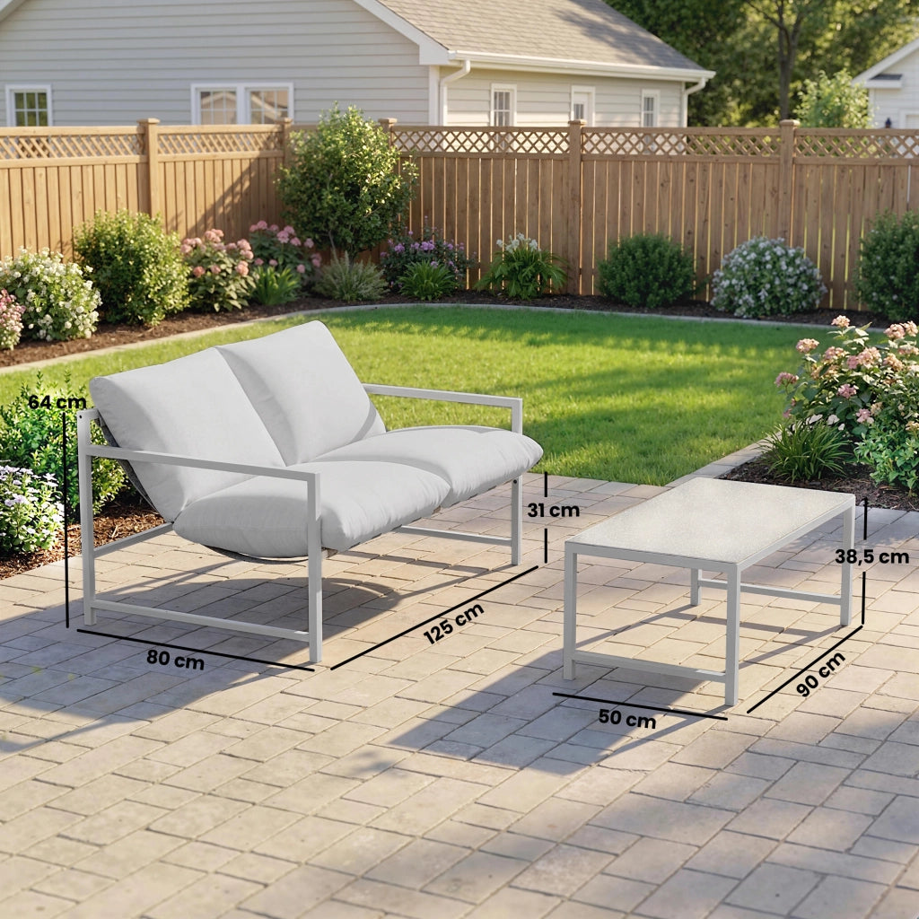 Divano 2 posti con cuscini e tavolo basso in vetro ¨C zephmum ¨C grigio chiaro 125x80x64cm