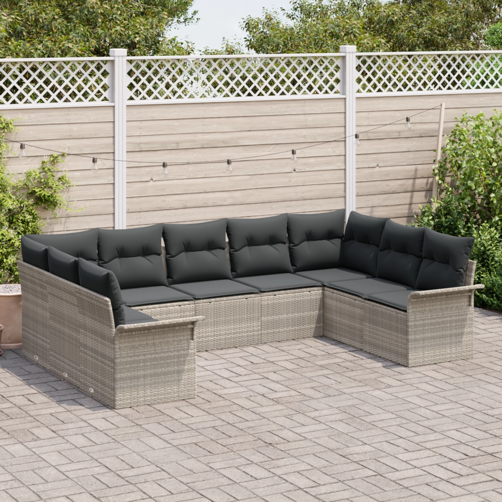 Set di divano da giardino da 9 pezzi con cuscini in rattan grigio chiaro
