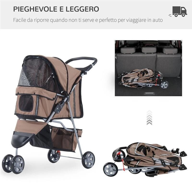 PASSEGGINO PER CANI PIEGHEVOLE CARRELLO PER ANIMALI DOMESTICI CARRELLO CARROZZINA CAFFÈ 75 X 45 X 97CM