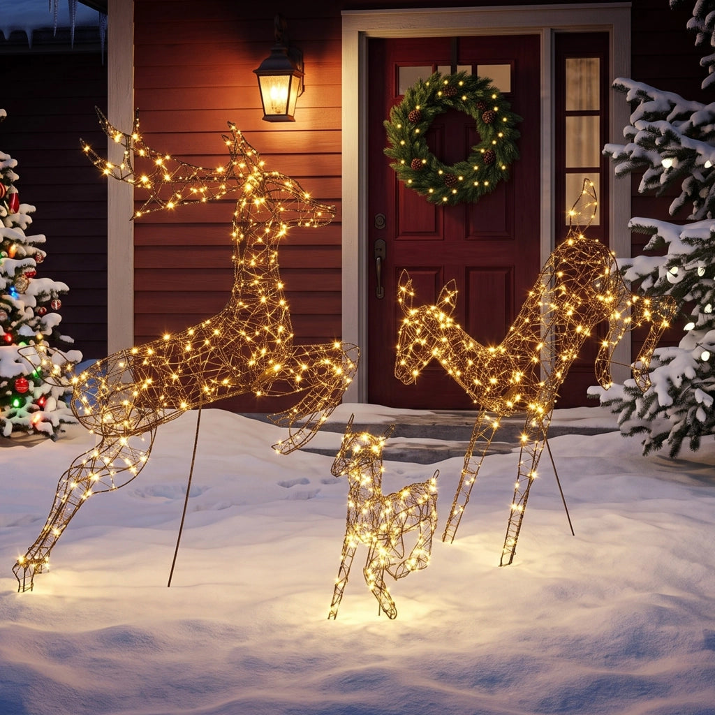 Set di 3 renne natalizie luminose, 120 cm, per esterni, con 200 LED bianco caldo, 8 modalità e timer.
