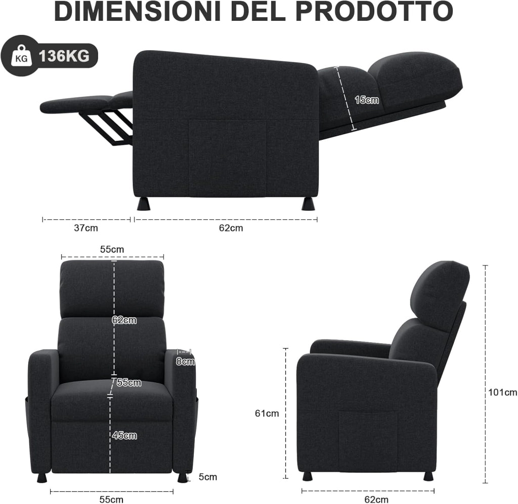 Poltrona Relax Elettrica, Ergonomica Reclinabile 90°-165°, Poltrona Reclinabile con Schienale e Poggiapiedi Regolabile, Poltrone per Soggiorno/Ufficio, con Tasconi Laterali, Grigio