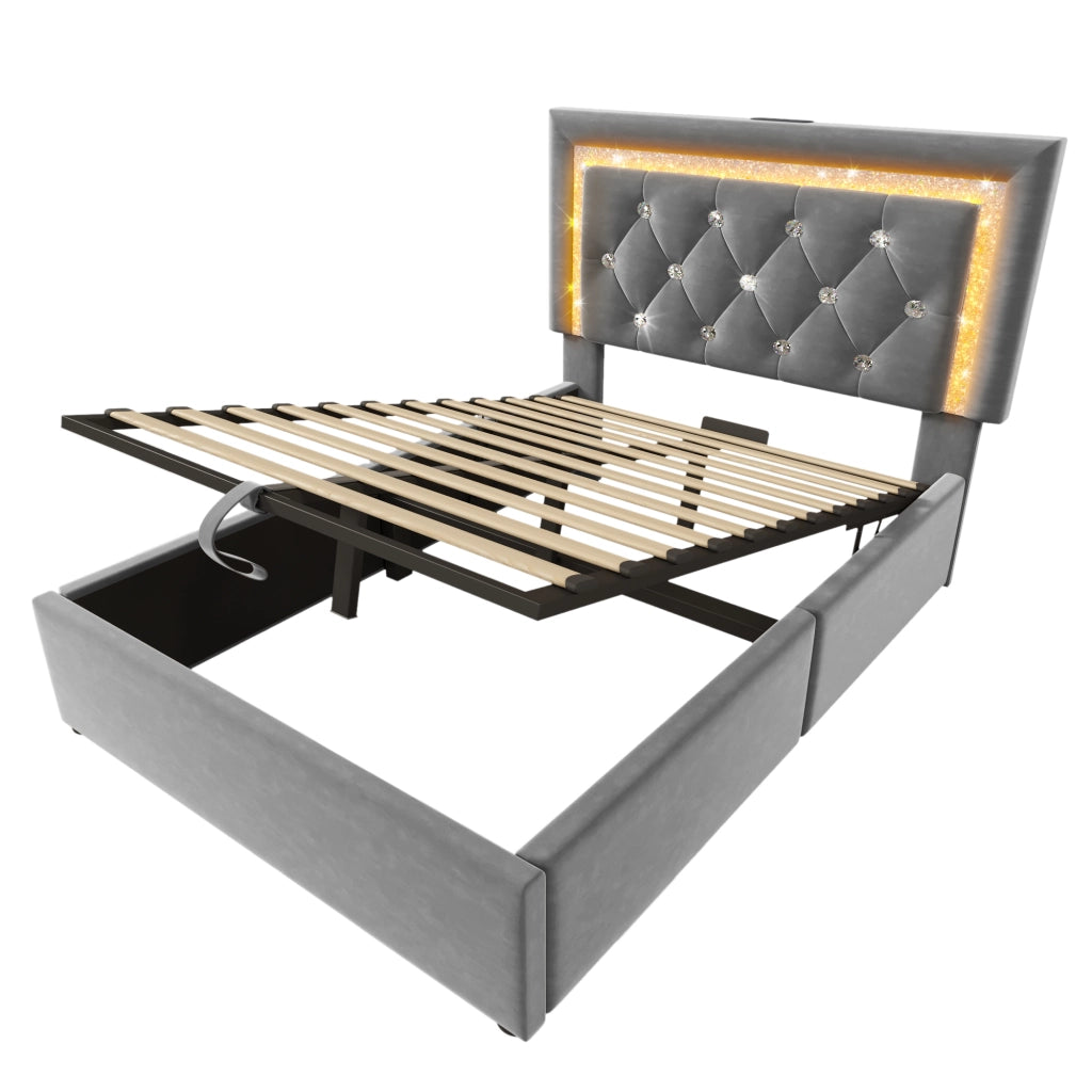 Letto singolo imbottito 90x200 cm in velluto grigio con LED, USB Type-C, contenitore e materasso
