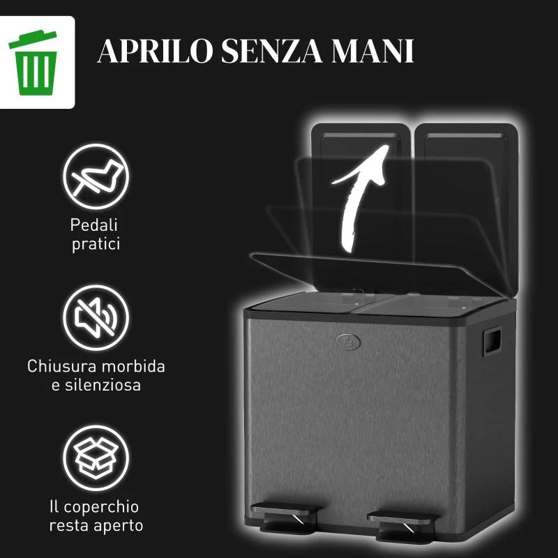 BIDONE IMMONDIZIA A 2 SEZIONI DA 15L CON CHIUSURA SILENZIOSA, IN ACCIAIO INOX E PP, 41.7X36.6X43.2 CM, NERO