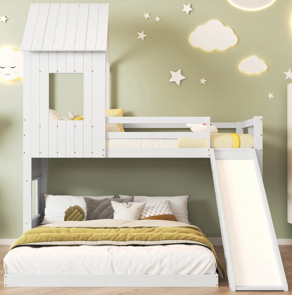 Letto a castello con scivolo, design a casetta, con scala laterale e protezioni di sicurezza