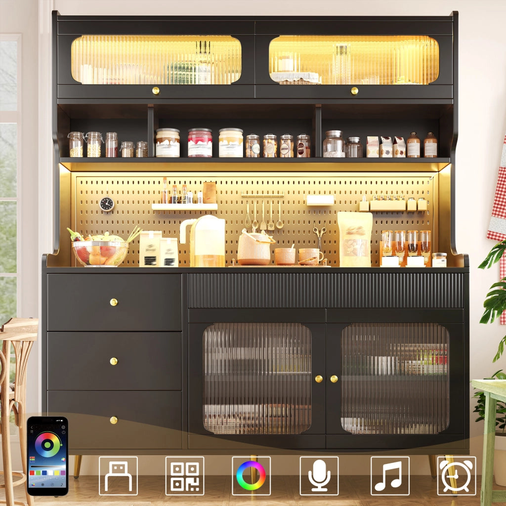 Credenza e madia alta con LED controllati tramite app e telecomando 1 cassetto in MDF e vetro nero 145 × 39 × 171 cm