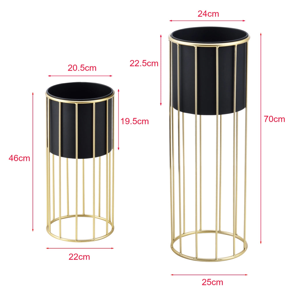 Set di 2 Portavasi in Metallo Supporto per Piante in 2 Misure Diverse con Coprivaso Nero e Base di Forma Rotonda in Color Oro