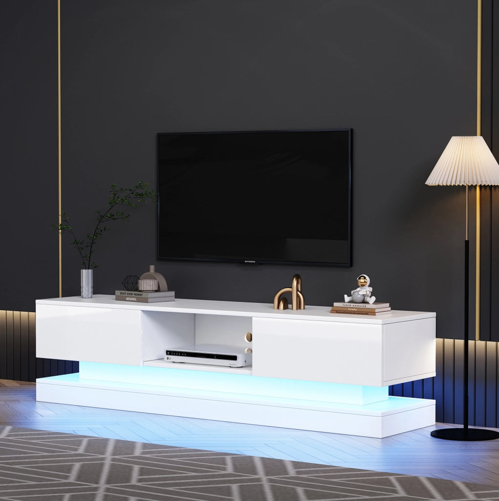 Mobile TV bianco lucido 160 cm con LED RGB, 2 cassetti e controllo app