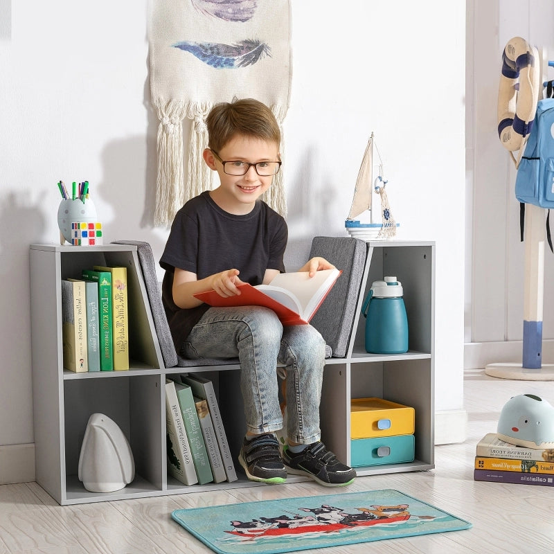 Libreria per bambini con sgabello, panca per bambini con 6 scomparti, cassapanca con 3 cuscini, contenitore per giocattoli, et¨¤ 3+, grigio, 103 x 30