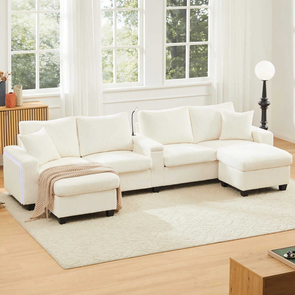 Divano ad U in Velluto a Coste con Poggiapiedi, Luce LED e USB ¨C MINIMAL ¨C Beige, 334x128.5x81 cm