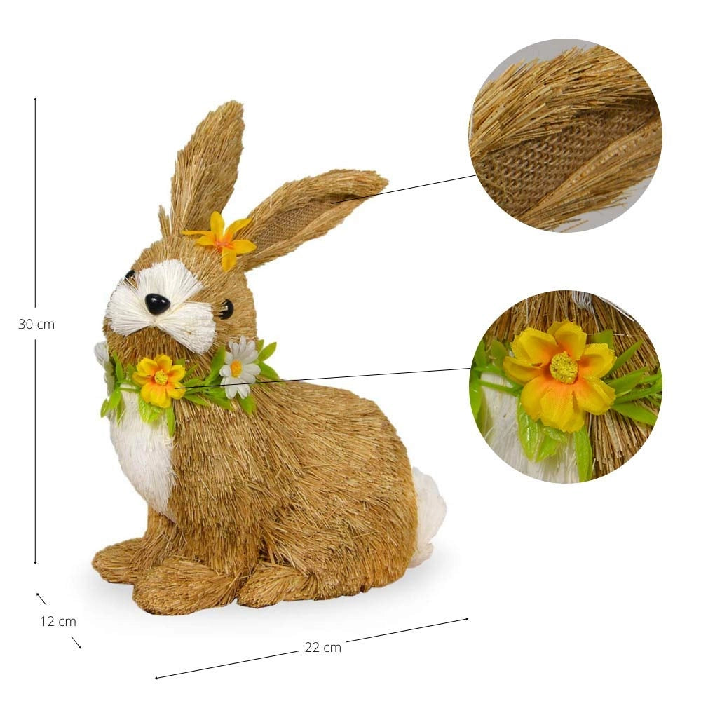 Coniglio pasquale decorativo in rafia naturale beige con collana fiori h30 cm