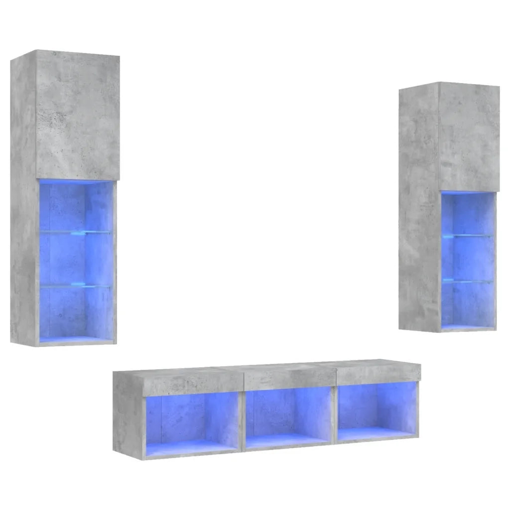Mobili TV a Muro con LED 5pz | Armadietto TV | Mobile Porta TV Grigio Cemento Legno Multistrato