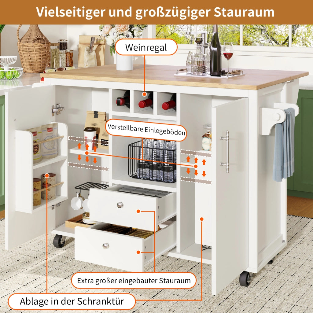 CARRELLO Cucina con piano ribaltabile 137,9x73x92,2 cm MDF bianco con ruote