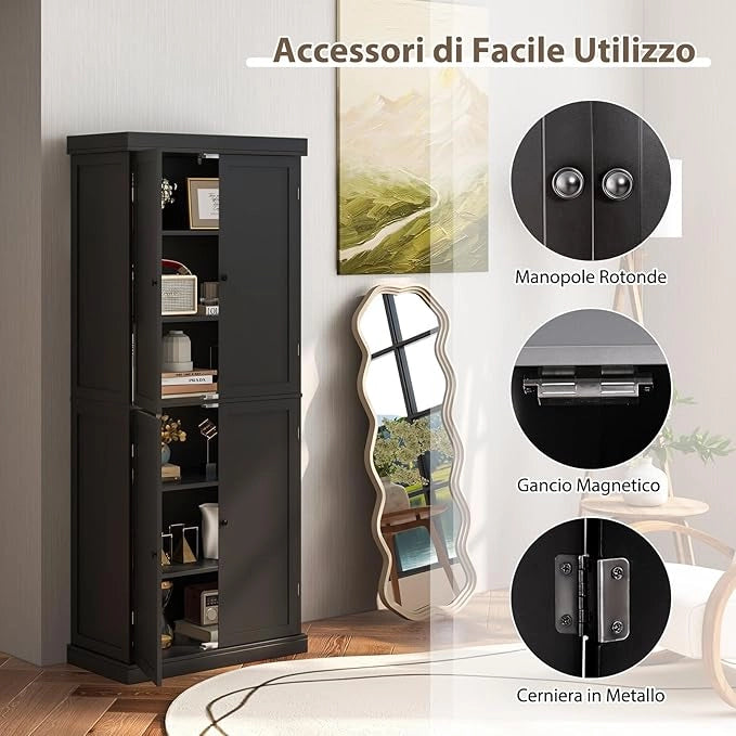 Credenza da Cucina, Mobile da Cucina Moderno con 6 Ripiani, 2 Ripiani Regolabili, per Cucina, Sala da Pranzo e Soggiorno, 76 x 40 x 184,5 cm (Nero)