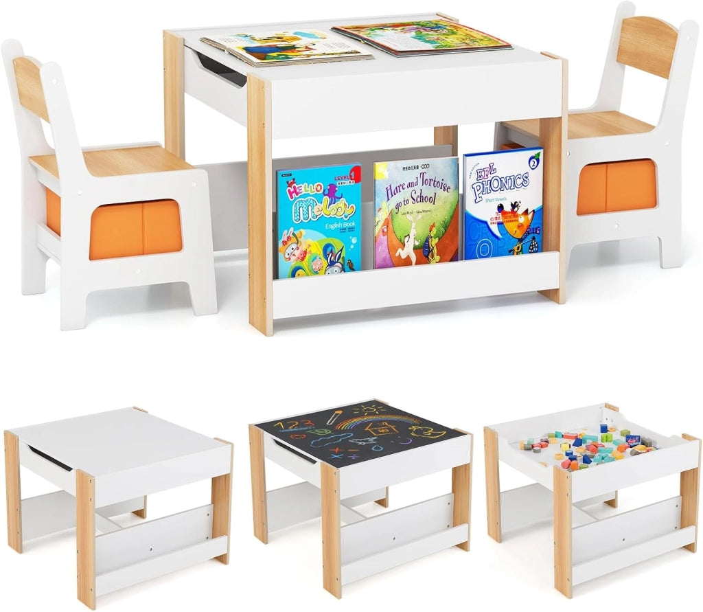 Set Tavolo e 2 Sedie per Bambini, 5 in 1 Tavolino e Sedie con 4 Ganci, 3 Scatole in Tessuto e Lavagna Reversibile per Bambini 3+ Anni per Cameretta Ragazzi (Grigio, Stile 5)
