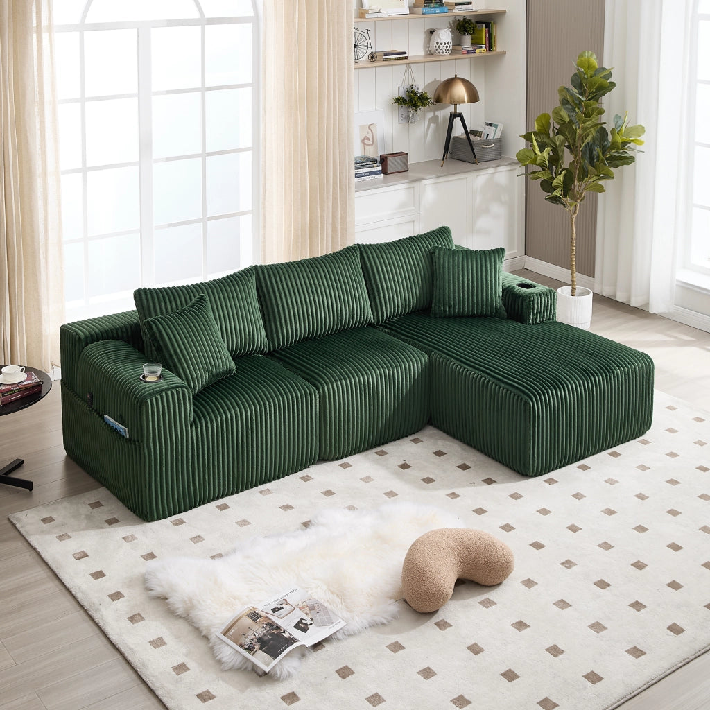 Divano modulare con chaise longue e 2 posti in velluto a coste con 5 cuscini e tasche laterali verde smeraldo