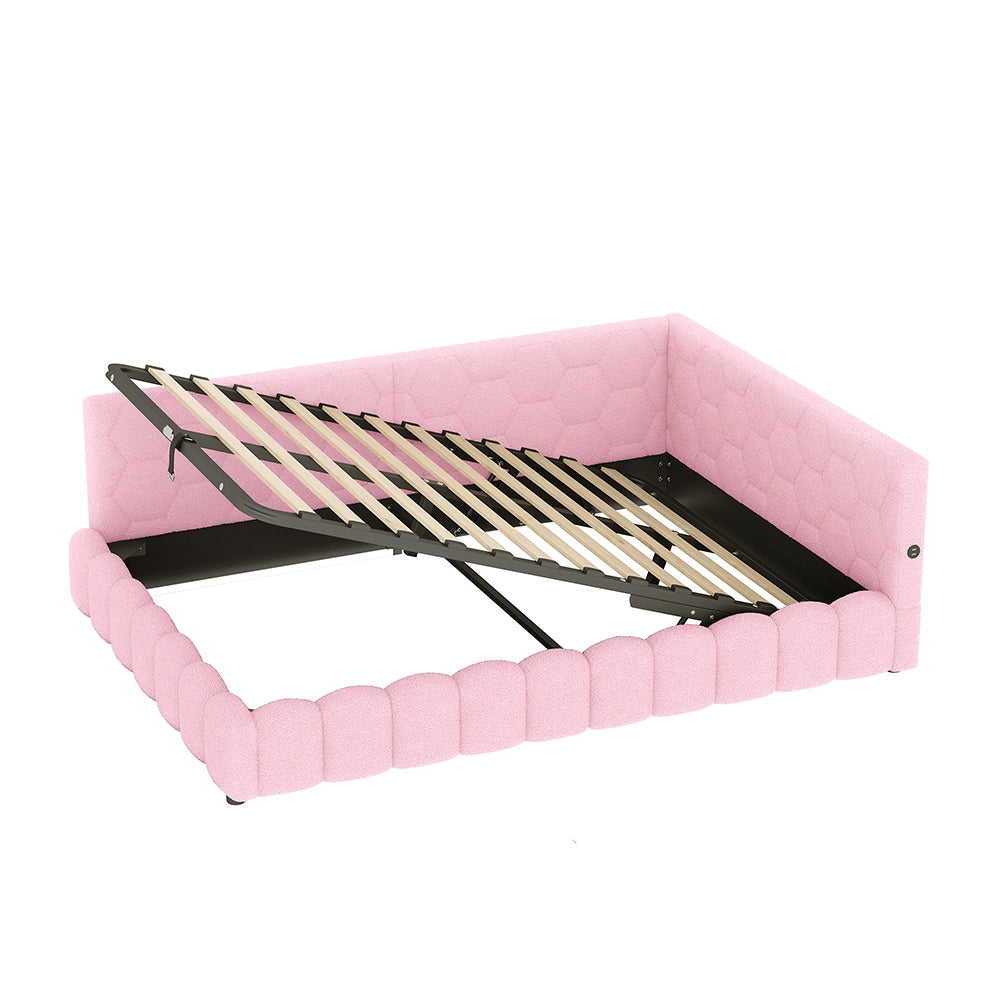 Letto giorno 140x200cm - Xylo - rosa, meccanismo idraulico, USB-C