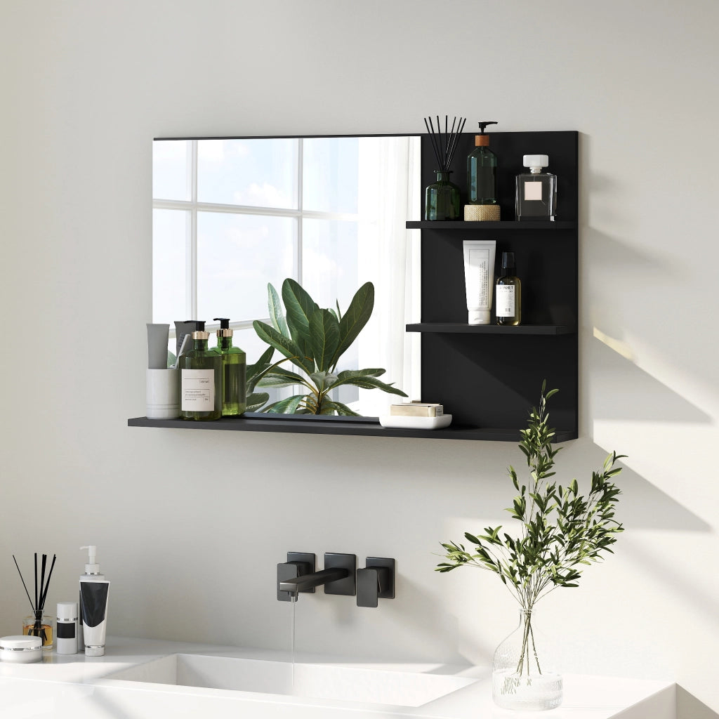 Specchio Bagno Moderno con 2 Ripiani Laterali e Ripiano Inferiore, in Legno e Vetro, 75x10x48 cm, Nero
