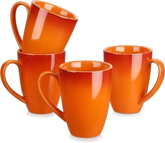 Set di 4 tazze in ceramica da 550ml - 18oz per caffè, tè, cioccolato, cappuccino, latte e latte - grande manico - resistente al microonde e lavastoviglie - arancione