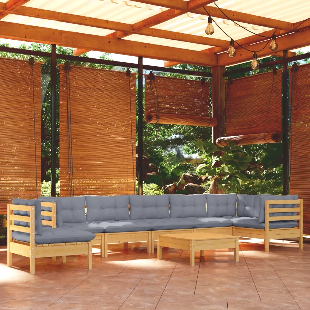 Set Divani da Giardino 9 pz con Cuscini Grigi Massello di Pino 3096736