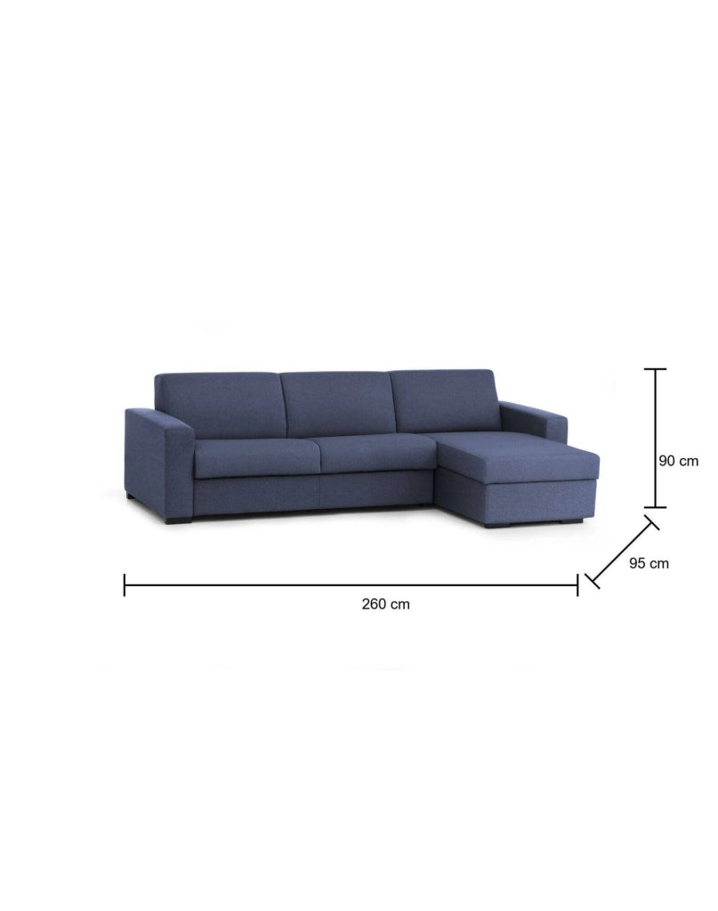 Allegria, Divano Letto con Penisola Sfoderabile Made in Italy, 260x95 cm blu