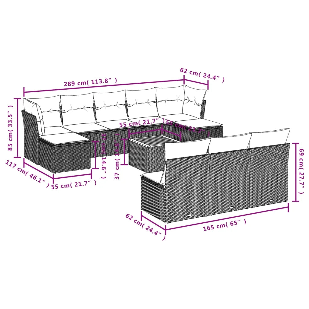 Set Divani da Giardino 11 pz con Cuscini Beige in Polyrattan 3223867