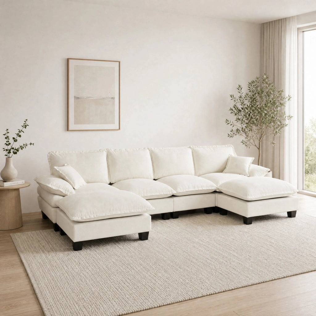 Divano panoramico a U modulare 6 posti con pouf rimovibili, in Chenille, Beige