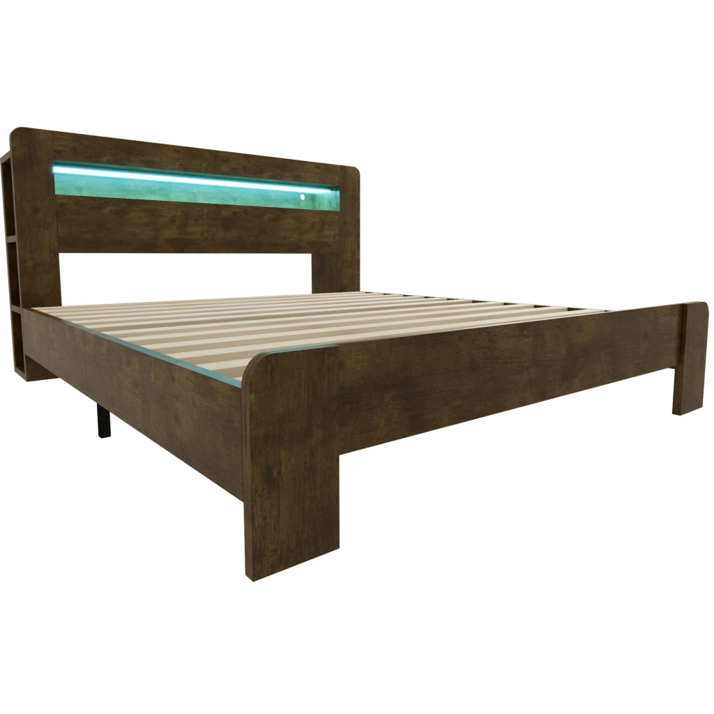 Letto matrimoniale multifunzione 180x200 cm in legno; con testiera contenitore; LED e prese