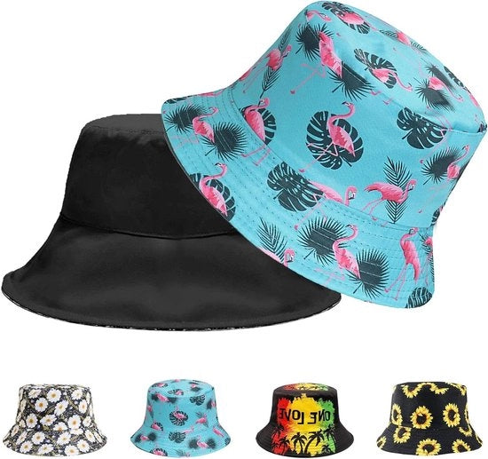 Cappello da pesca per donne e uomini | Cappello da sole retro portatile su entrambi i lati | Cappello pieghevole da portare in campeggio, a passeggio, in vacanza | Blu con disegno flamingo