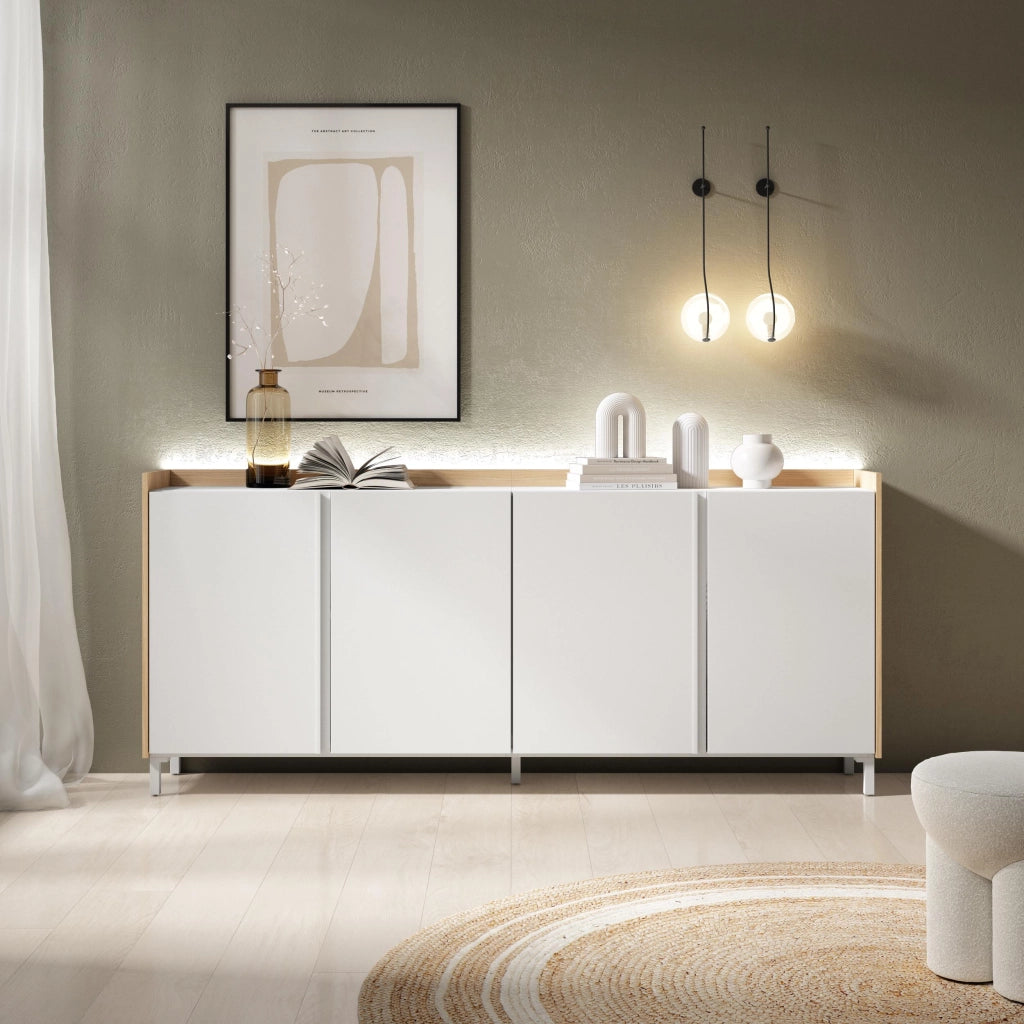 Credenza, Mobile, Cucina, 207x91x35 cm, 4 Porte, Design industriale, LED, Bianco e Rovere soft