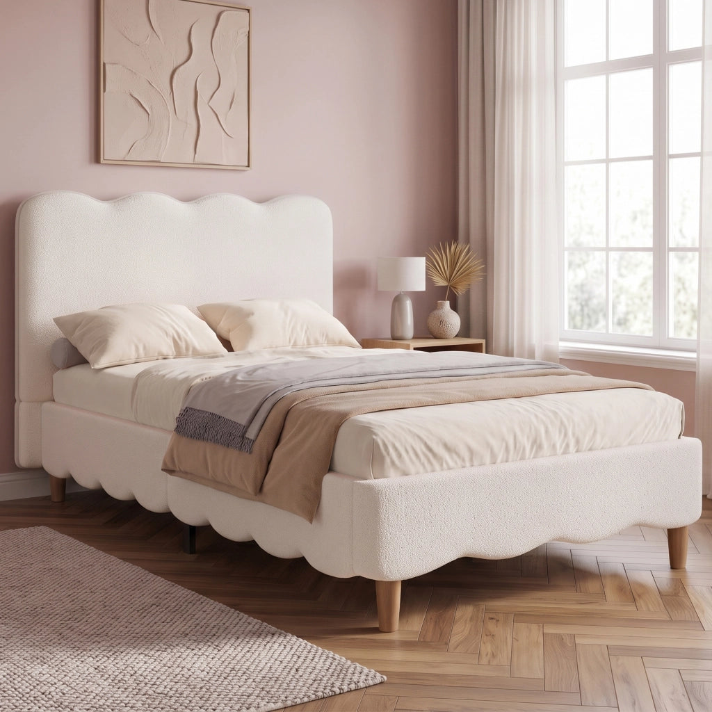 Letto singolo 90x200 cm in bouclé bianco con rete a doghe, testiera imbottita e gambe in legno massello