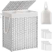 Asciugatrice con coperchio, raccoglitore di acqua, 90 litri, 2 contenitori, sacco di asciugatura rimovibile con maniglie, intrecciato a mano, per camera da letto, bagno, 33 x 46 x 60 cm, bianco, LCB251W01V1
