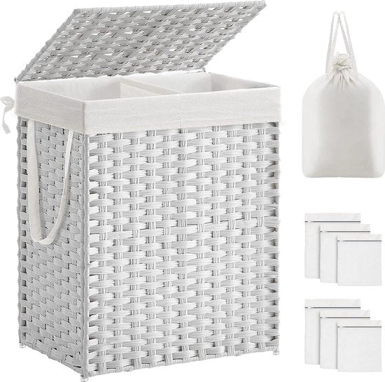 Asciugatrice con coperchio, raccoglitore di acqua, 90 litri, 2 contenitori, sacco di asciugatura rimovibile con maniglie, intrecciato a mano, per camera da letto, bagno, 33 x 46 x 60 cm, bianco, LCB251W01V1