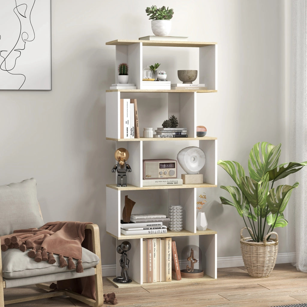 Libreria Stile Nordica con 5 Ripiani Antivuelco ¨C zephmum ¨C Roble e Bianco 70x29.5x163 cm