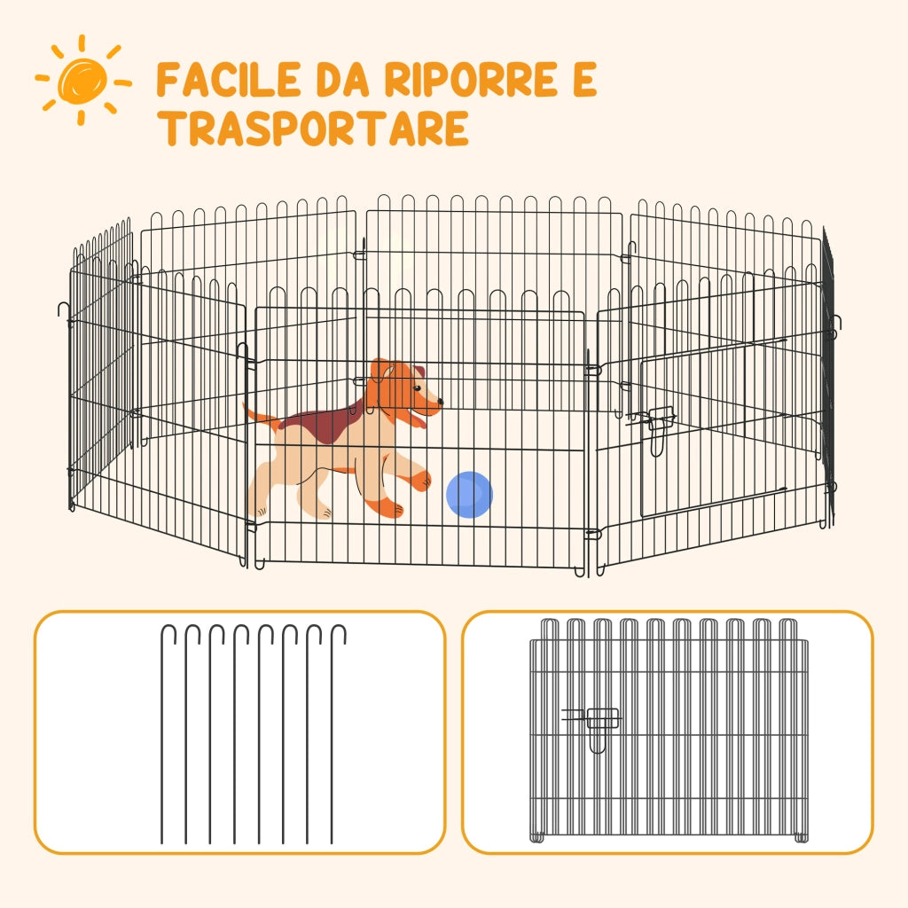 Recinto per Cani e Cuccioli 8 Pannelli in Acciaio, Gabbia per Cani, Box per Animali Domestici da Interno e Esterno, ?180x61 cm, Nero