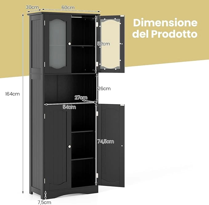 Armadietto Salvaspazio 60 x 30 x 164cm, Mobile Bagno con Scomparti Aperti, Ripiani Regolabili e 2 Porte in Vetro Temprato, Armadio da Bagno per Ufficio, Soggiorno e Camera da Letto (Nero)