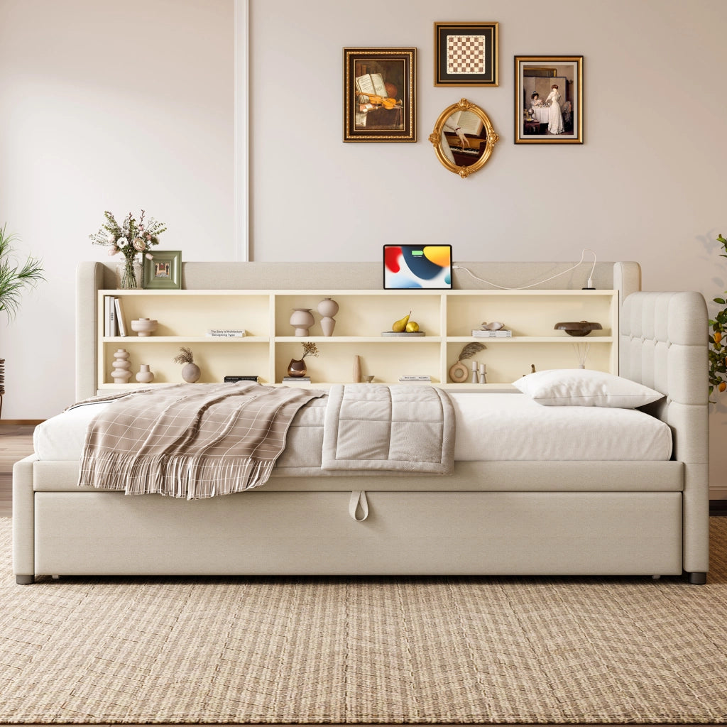 Letto da giorno estraibile 90x200 cm beige in lino con USB-C, vani e rete