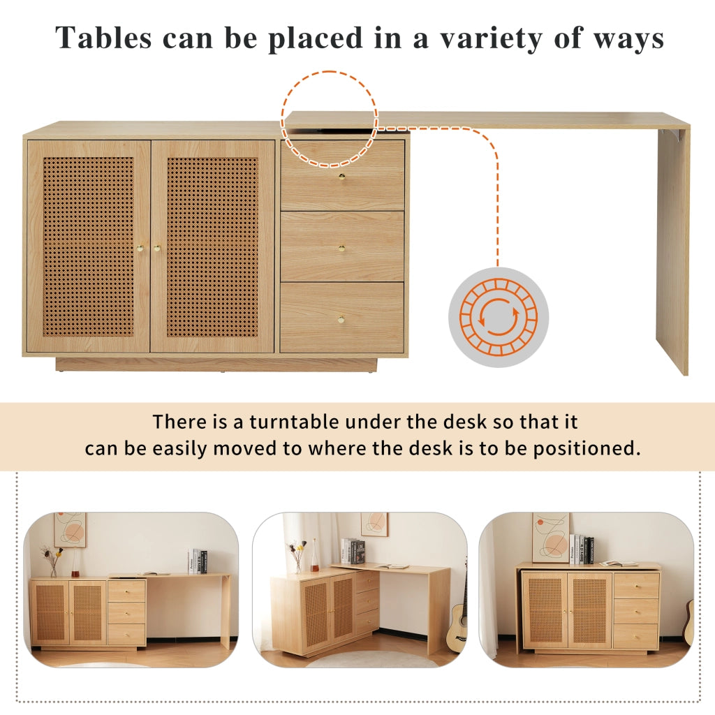 Scrivania angolare con mobile contenitore e piano girevole a 360°, 3 vani e ripiani regolabili, per ufficio, in MDF naturale, 126 × 40 × 75 cm
