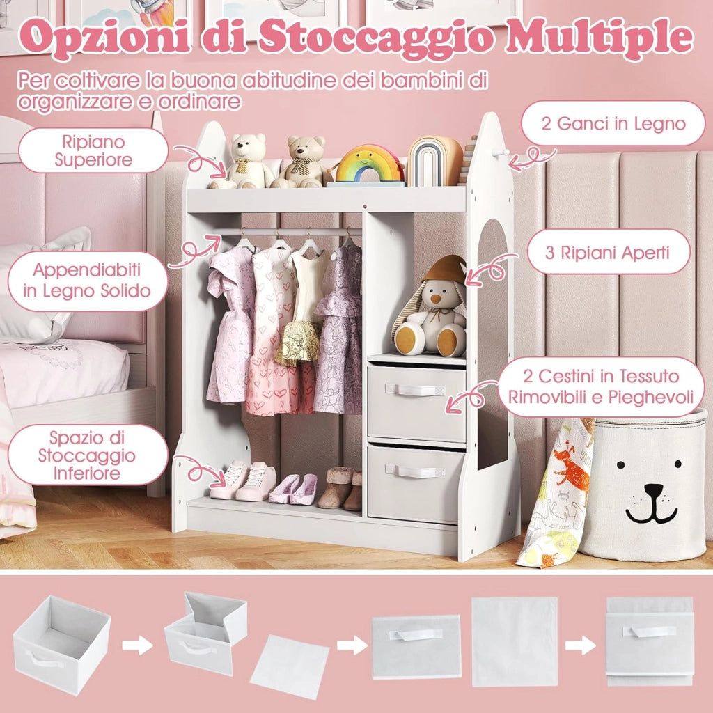 Guardaroba per Bambini, Armadio Gioco con Specchio Appendiabiti, Cassette in Tessuto Pieghevoli, Organizer per Stanza e Camera da Letto, 81 x 38 x 107 cm (Bianco)