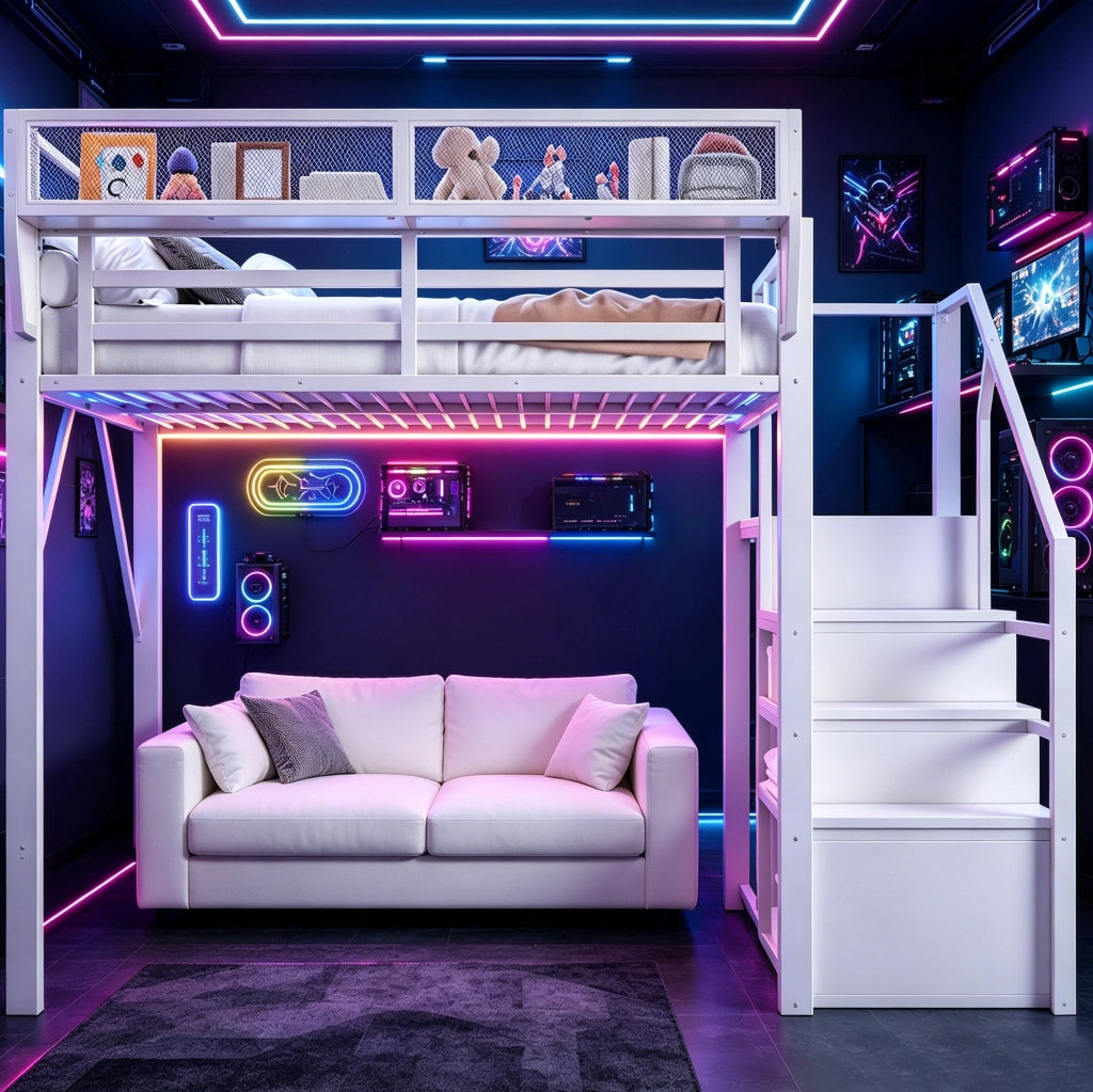 Letto a soppalco 140x200 cm in metallo e MDF con LED; scala di sicurezza; bianco