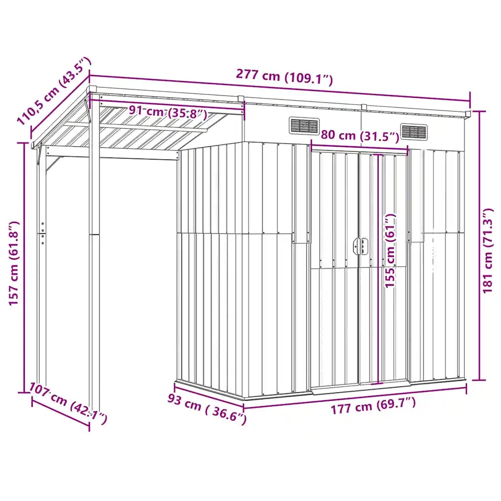 Capannone Tetto Esteso Marrone Chiaro 277x107x181cm Acciaio 364528