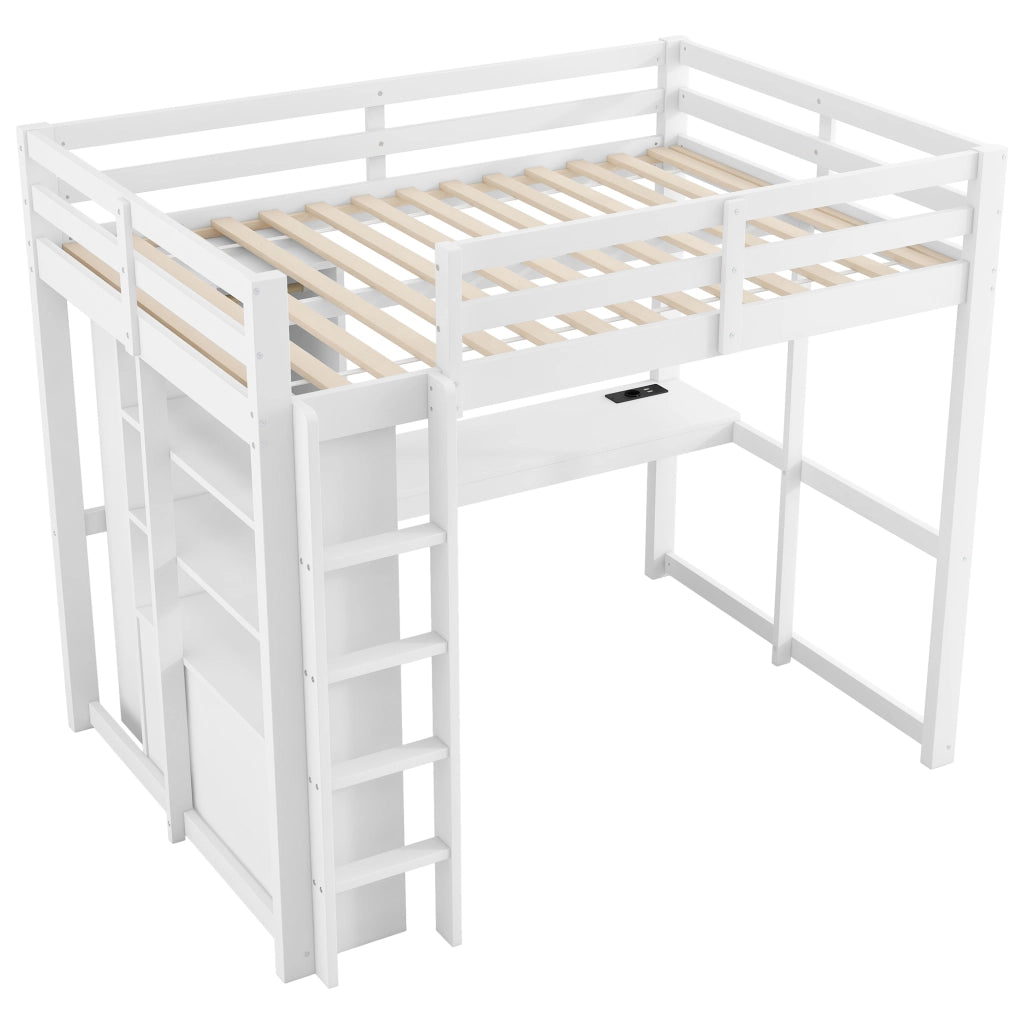 Letto a Soppalco 140x200 cm con Scrivania; 2 Cassetti; Mensole; LED e USB - Bianco