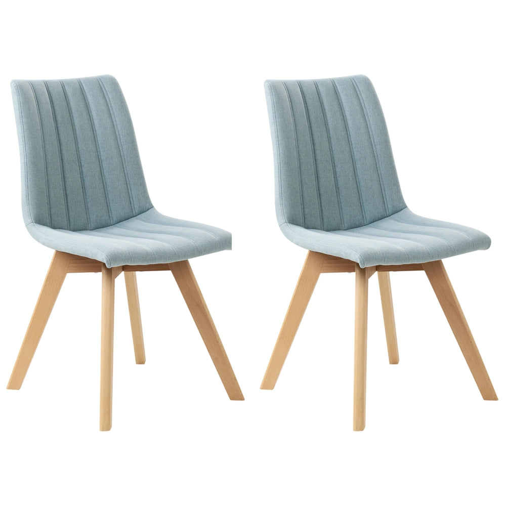 Set di 2 Sedie da Pranzo Tessuto azzurro e Gambe in Legno Imbottitura verticale Schienale curvo