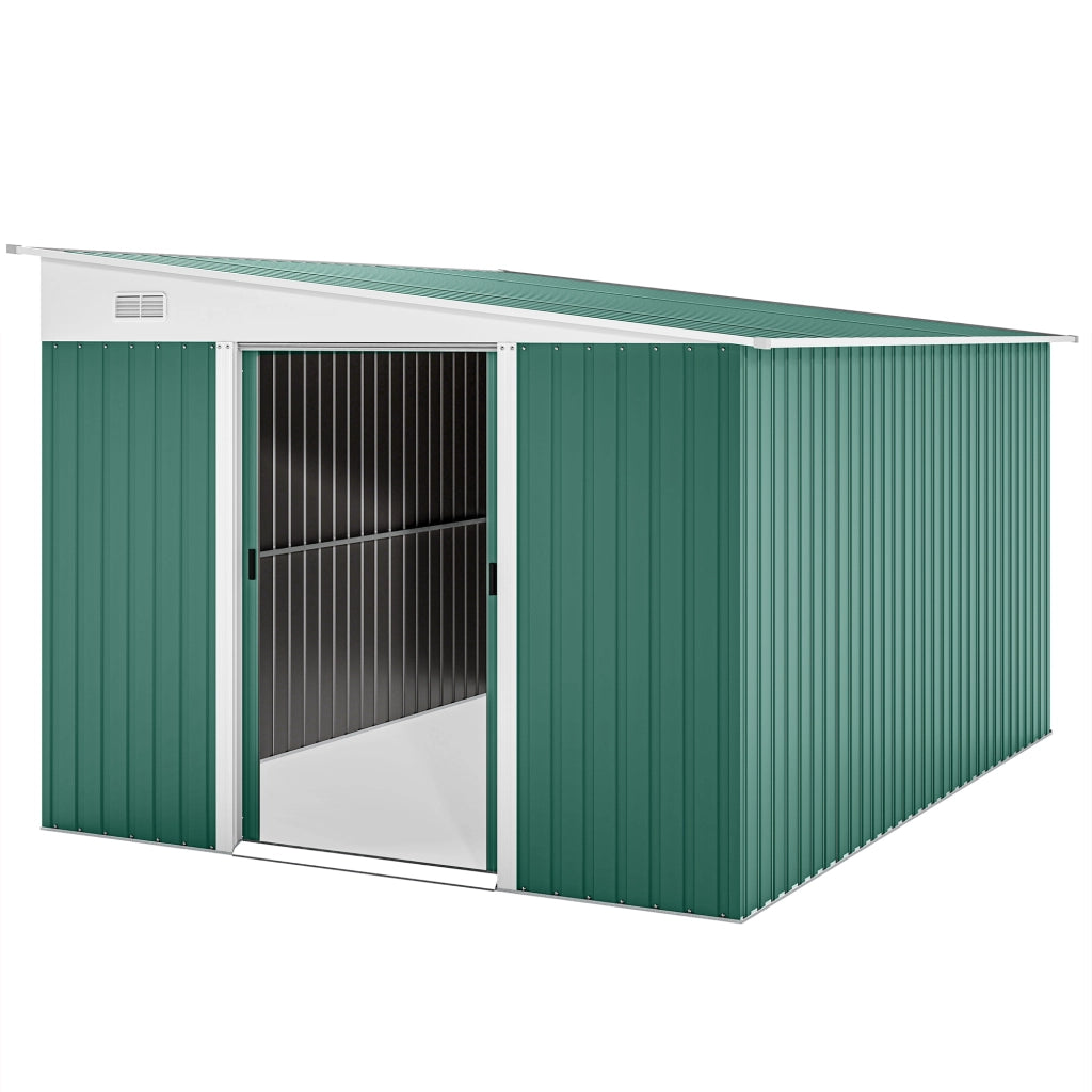 Casetta da Giardino con Porta Scorrevole, in Acciaio, 345x280.5x169-201cm, Verde