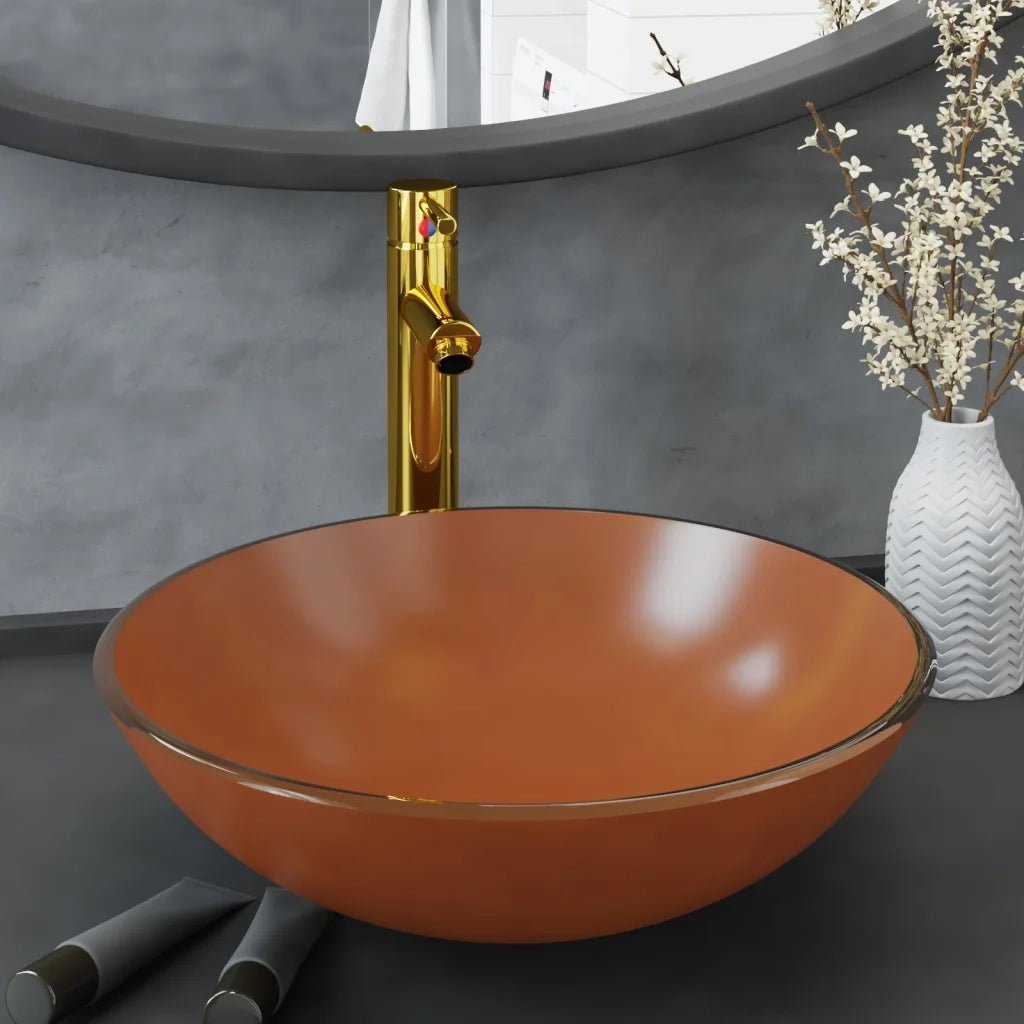 Lavandino con Rubinetto e Piletta in Vetro Temperato Marrone CFW2252919