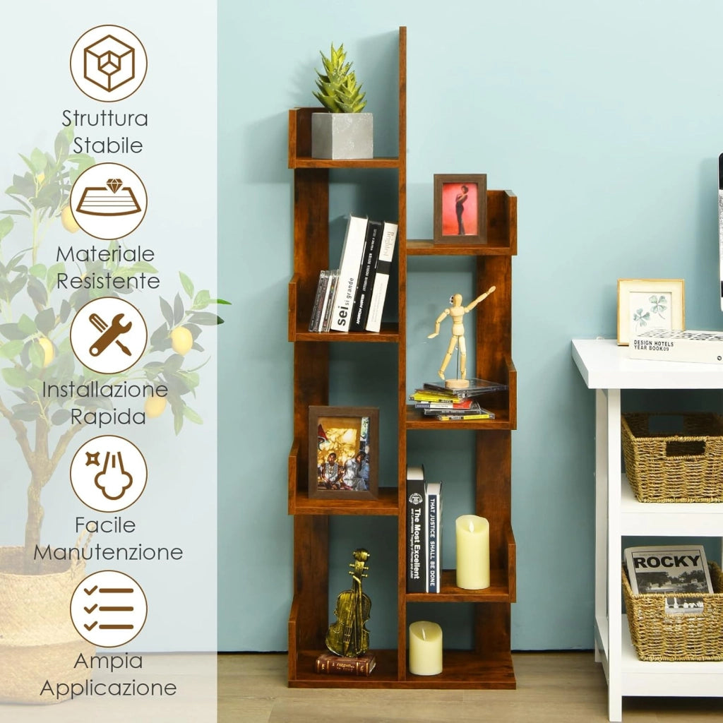 Libreria Multiuso da Terra, Libreria ad Albero con 8 Ripiani, Scaffale in Legno per Libri, Ideale per Soggiorno, Ufficio, 50 x 25 x 145 cm (marrone)