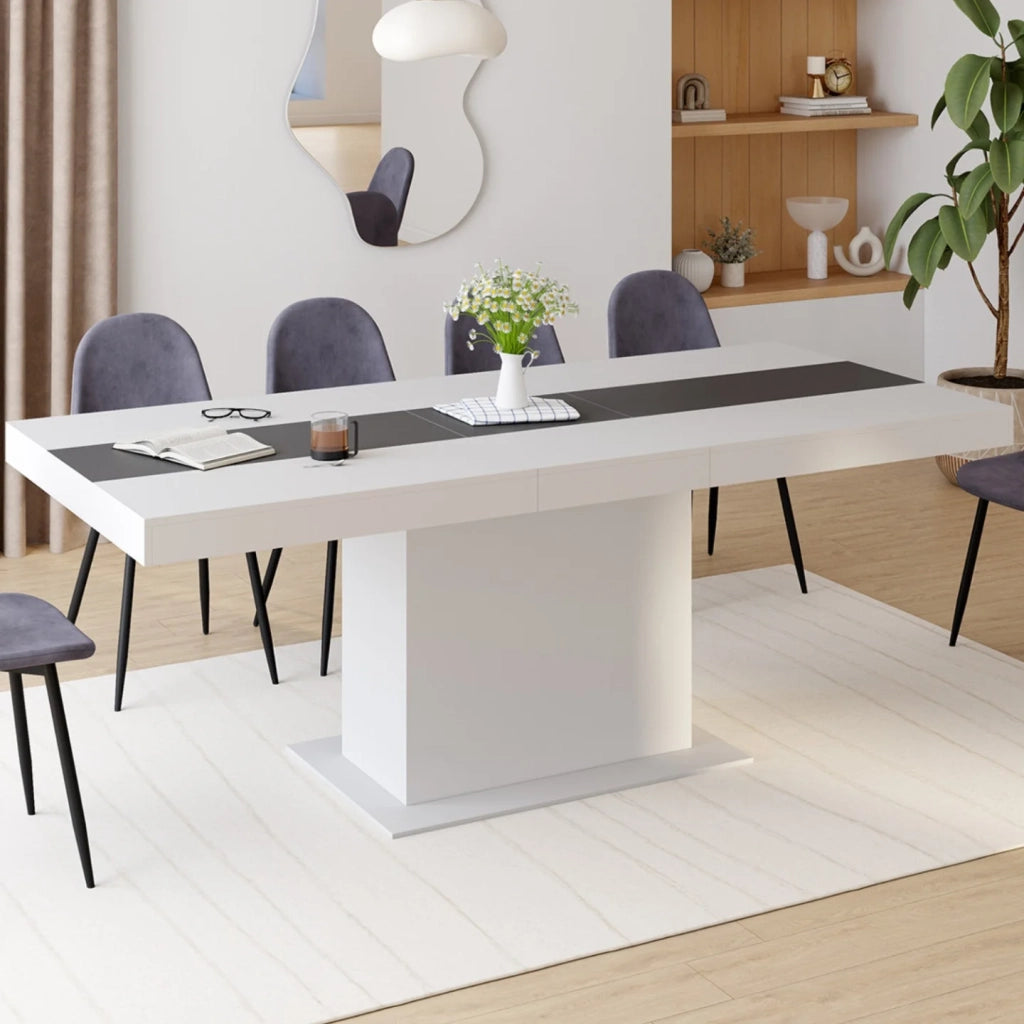 IDMarket - Tavolo da pranzo rettangolare allungabile EDEN 6-10 persone bianco con fascia centrale grigia 160-200 cm