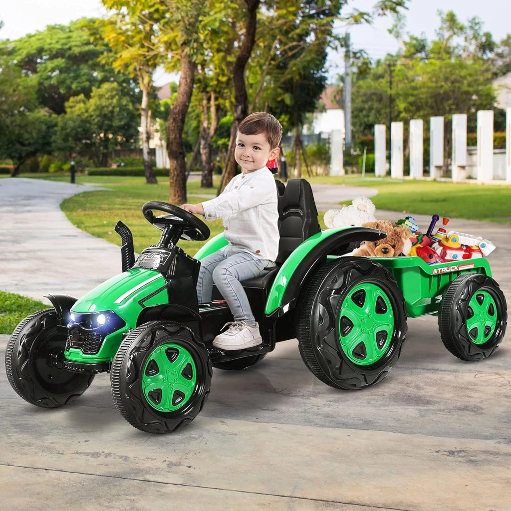 Trattore Elettrico per Bambini con Rimorchio, 2 in 1 Go Kart e Trattore per Bambini 3-8 Anni, con Telecomando e Cintura di Sicurezza a 2 Punti (Verde)