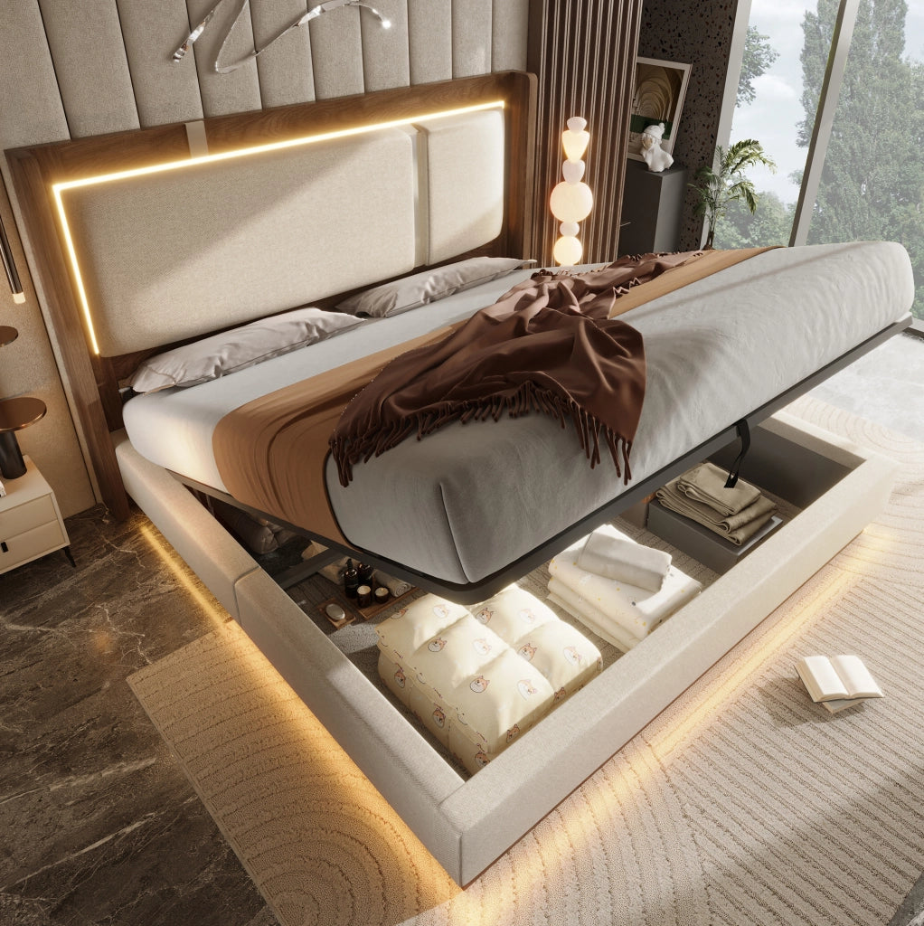 Letto imbottito 140x200 con LED integrato e vano contenitore