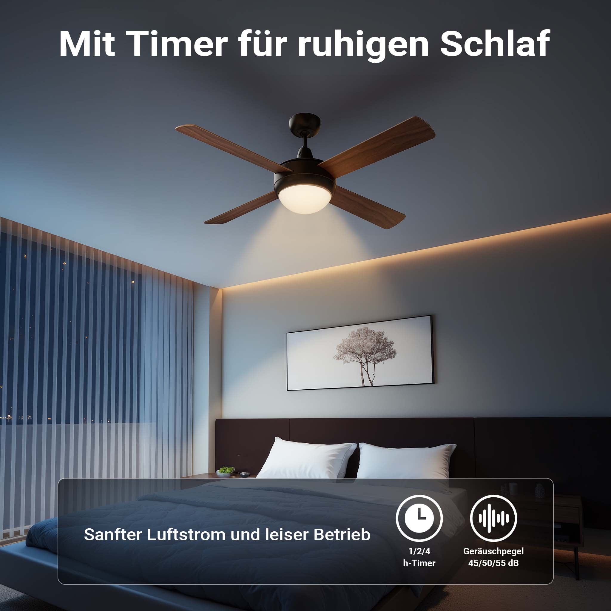 Ventilatore da soffitto Ø 122 cm con 4 pale, lampadario ventilatore con 3 velocità, telecomando, timer, modalità estiva e invernale, 53 W